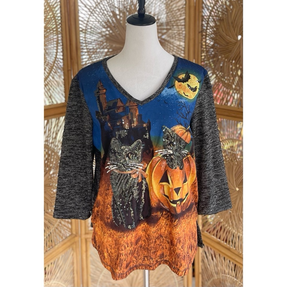 Thomas & Olivia V-Neck 3/4 Sleeve Halloween Sequin Cat & Pumpkin Shirt L - Picture 2 of 6